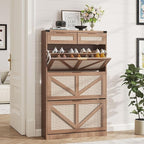 Shoe Cabinet with 3 Flip Drawers & 2 Drawers,Freestanding Shoe Storage Cabinet for Entryway,Farmhouse Narrow Slim Organizer Rack for Foyer,Hallway,Rustic Oak Rattan