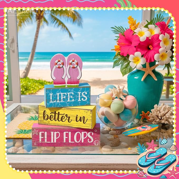 Yuntau 4 Pcs Summer Decorations for Home Flip Flops Table Decorations Wooden Sign Beach Table Centerpiece Summer Tiered Tray Decor Decorative Faux Book Stack Block for Office Coffee Mantel Shelf