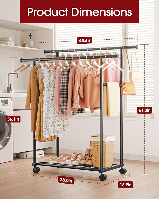 Metal Clothes Rack - Double Rod Clothing Rack with Fixed Design and Rolling Wheels, Coat Rack with Built-In Shelf for Closet Organizers and Storage (45.6" x 16.9" x 61.0", Black)