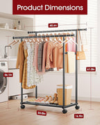 Metal Clothes Rack - Double Rod Clothing Rack with Fixed Design and Rolling Wheels, Coat Rack with Built-In Shelf for Closet Organizers and Storage (45.6" x 16.9" x 61.0", Black)