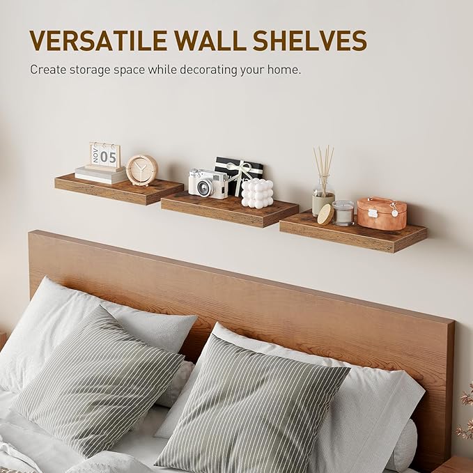 RALGEND Floating Shelves for Wall, 1.5" Thick Wall Shelf Set of 3 with Invisible Brackets, 15.7L x 7.9W Hanging Shelves Farmhouse Home Decor for Bathroom, Living Room, Bedroom, Rustic Brown 4301BJP3BF