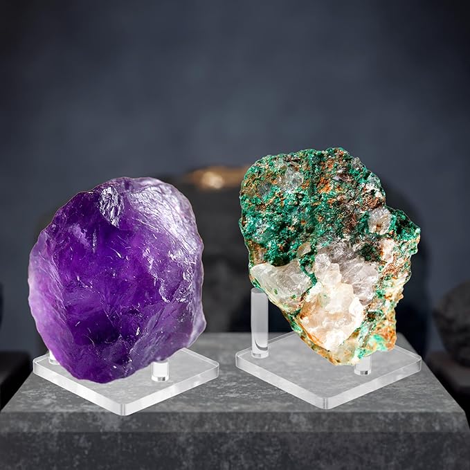 Jusalpha 4 PC Clear Acrylic Rock Display Stand - Three-Peg Display Easel Stands for Fossil Coral Geodes Rock Mineral Agate, Crystal Display Stand with Square Base (Small)