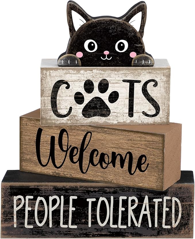 Lineshading 4 Pcs Farmhouse Table Decor Vintage Wooden Black Cat Stacked Sign - "Cats Welcome, People Tolerated" Funny Rustic Tiered Tray Decor for Animal Lovers, Home, Room, Cat Cafe Decorations