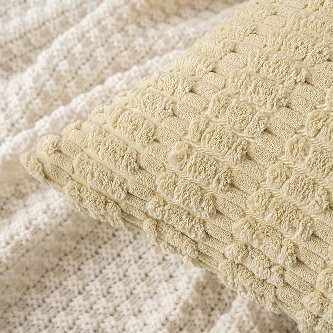 MIULEE Pack of 2 Corduroy Decorative Throw Pillow Covers 20x20 Inch Soft Boho Striped Pillow Covers Modern Farmhouse Home Decor for Sofa Living Room Couch Bed Beige