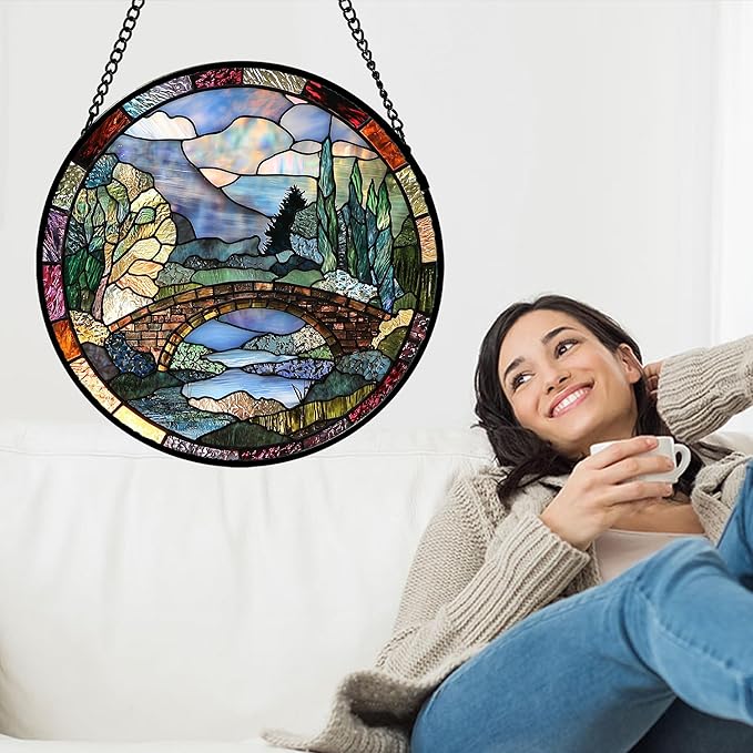 Stained Glass Window Hanging, Blue Landscape Arch Bridge Sun Catcher for Door Home Decor Suncatcher Christmas Mother's Day Birthday Gifts for Women Men Mom and Nana 11.8 in