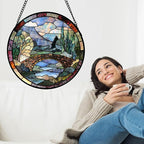 Stained Glass Window Hanging, Blue Landscape Arch Bridge Sun Catcher for Door Home Decor Suncatcher Christmas Mother's Day Birthday Gifts for Women Men Mom and Nana 11.8 in