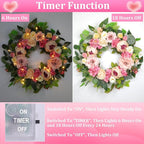 [Lighted & Timer] 22" Spring Summer Wreaths for Front Door Peony Wreath with Lights Pink Silk Flower Hydrangea Rose Green Leaves Floral Wreath for Home Wall Window Wedding Party Indoor Outdoor Decor