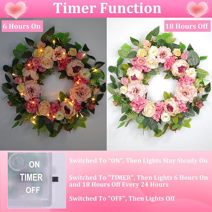 [Lighted & Timer] 22" Spring Summer Wreaths for Front Door Peony Wreath with Lights Pink Silk Flower Hydrangea Rose Green Leaves Floral Wreath for Home Wall Window Wedding Party Indoor Outdoor Decor