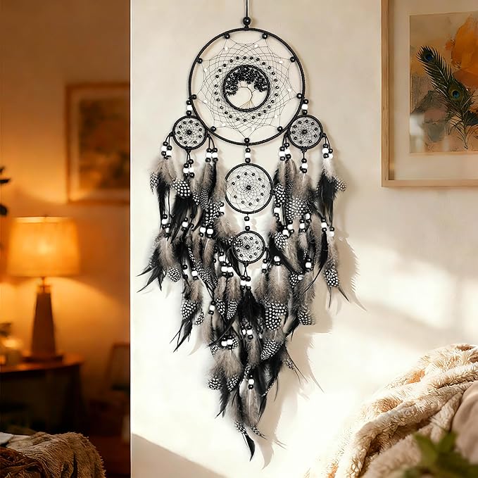 Dream Catchers,Large Dream Catchers for Bedroom Adult Black Boho Dream Catcher Tree of Life Wall Decor with Natural Healing Crystal Stone Hanging Ornament Teen Dorm Room Decor Festival Gift