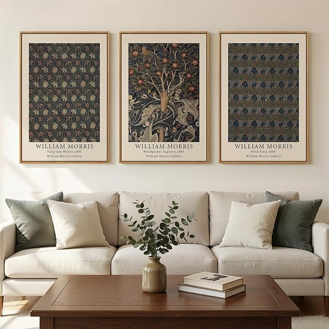 Framed Vintage William Morris Canvas Wall Art Set of 3, Nature Rustic Botanical Artwork for Walls, Retro Classic Floral Illustrations Paintings Pictures for Living Room, Bedroom, Dining Room, Hallway, Office Wall Decor, Total Size 30x60 in