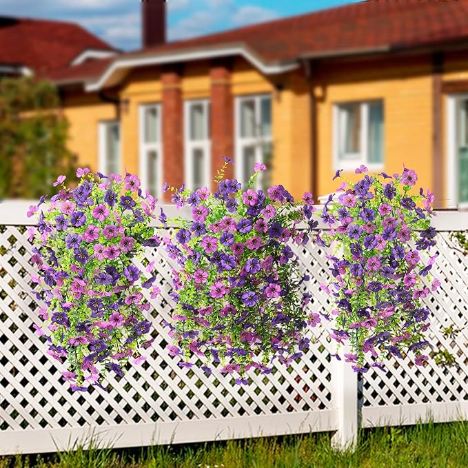 Artificial Hanging Flowers for Outdoors Spring Decoration, 2PCS Silk Fake Daisy Realistic Outdoor Flowers UV Resistant Porch Patio Window Yard Decor(Dark Orchid)