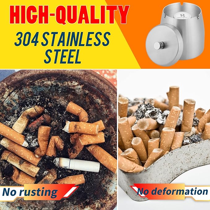 HARTAR Smokeless Ashtrays for Cigarettes Indoor, Ash Tray Sets for Outdoor Windproof Cute Home Large Funny Metal Outside Ashtray with Lid for Cigarettes Butt Can for Outside Patio, Large