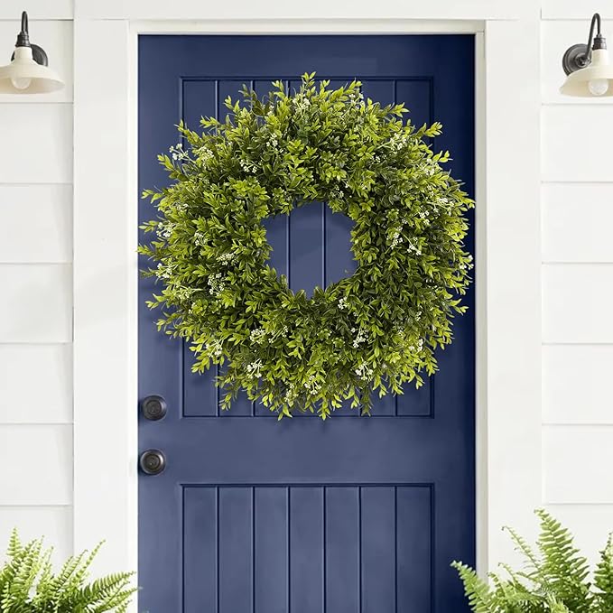 28'' Large Boxwood Wreath for Front Door Porch Window Artificial Boxwood Leaves with White Seed Greenery Outdoor Indoor Wreath for Home Farmhouse Wall Decor Spring Summer Fall All Seasons (Green)