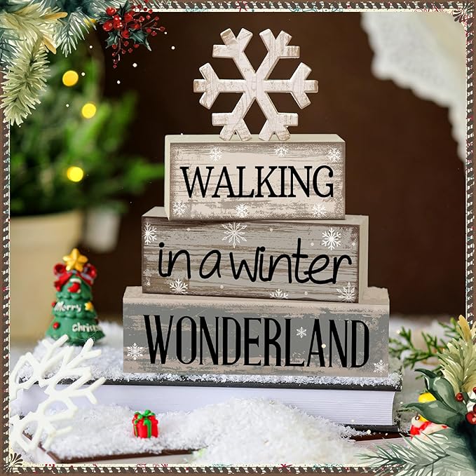 Moucuny 4 Pcs Winter Table Decorations Wooden Snowflake Decor Winter Tiered Snow Tray Decor Rustic Block Signs Gift Farmhouse Christmas Centerpiece for Wonderland Party Kitchen Shelf Home