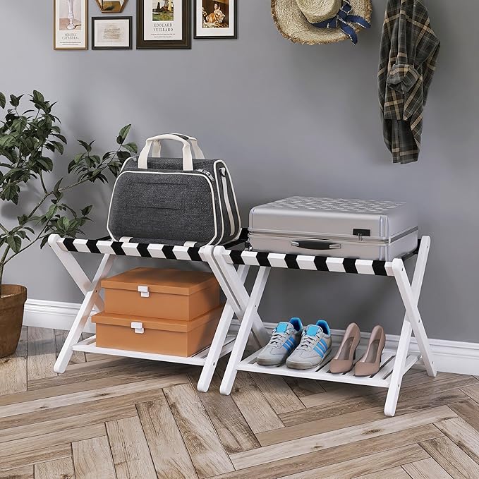 SMIBUY Luggage Rack, Set of 2, Foldable Bamboo Suitcase Stand with Storage Shelf for Guest Room, Bedroom, Hotel, Heavy-Duty (White)
