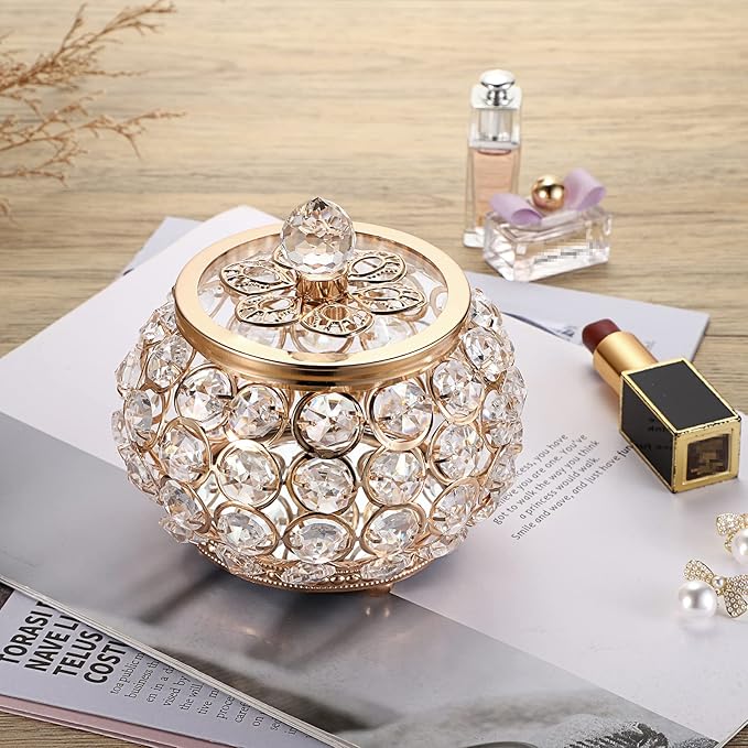 Hipiwe Crystal Jewelry Box with Glass Lid Small Trinket Organizer Mirrored Treasure Box Ring Holder Earrings Necklace Storage Box Keepsake Gift Box for Home Dresser Decor, Gold