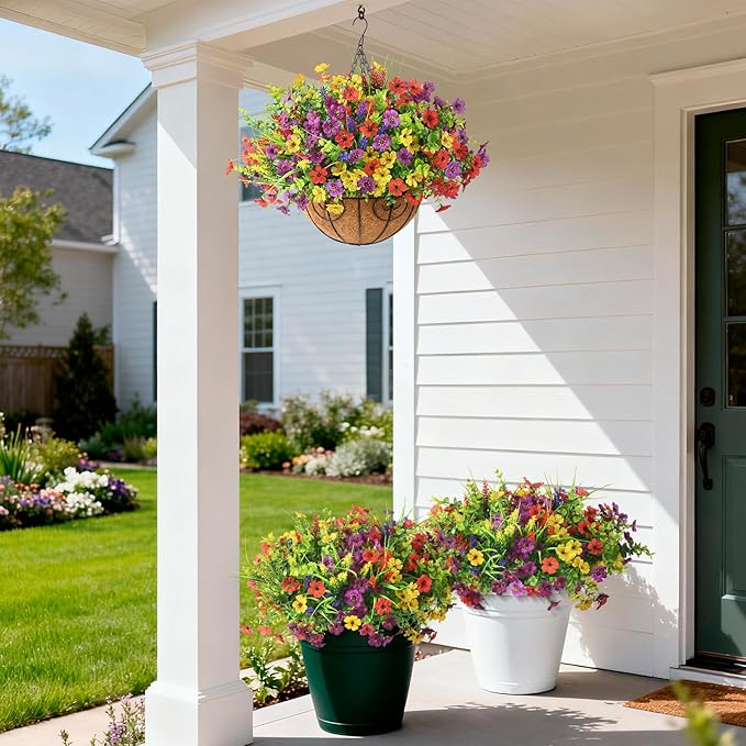 Artificial Flowers for Outdoors, 14 Bundles Multicolor Fake Flowers with Greenery Grass Lavendar for Spring Summer Decoration, UV Resistant Fake Plants for Planter Porch Patio Yard Home Decor
