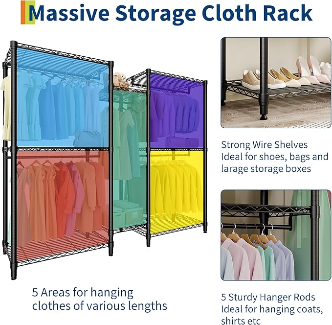 Heavy Duty Portable Closet Wardrobe Load 1874LBS,Metal Clothes Rack Garment Rack Free Standing Closet Organizers and storage with 8 Adjustable Shelves, 5 Hanging Rods 76.5"H x 73.6"L x 17.4"W