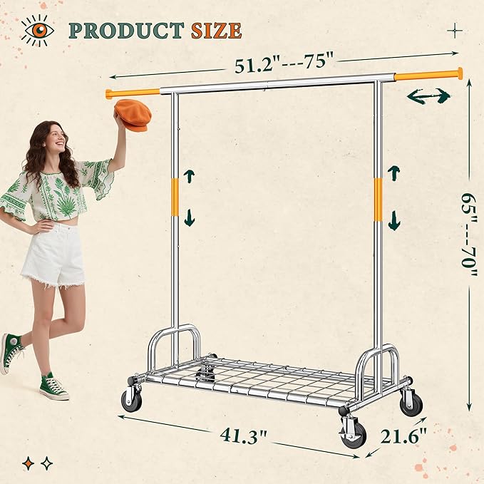 Raybee 75" W Clothes Rack Load 530 LBS, Clothing Racks for Hanging Clothes, Adjustable Heavy Duty Clothes Rack, Portable Metal Garment Rack for Bedroom Laundry Living Room