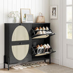 IRONCK Rattan Shoe Cabinet Storage with 4 Flip Drawers, Freestanding Shoe Storage Organizer Cabinet for Entryway, Narrow Shoe Rack Cabinet, Matte Black