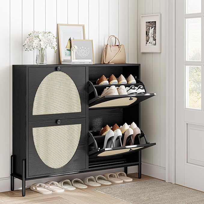 IRONCK Rattan Shoe Cabinet Storage with 4 Flip Drawers, Freestanding Shoe Storage Organizer Cabinet for Entryway, Narrow Shoe Rack Cabinet, Matte Black