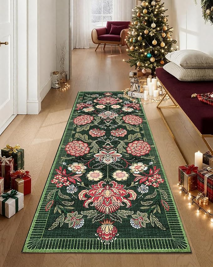 GarveeHome Forest Green Floral Botanical 2x6 Washable Kitchen Runner Rugs Non Slip Vintage Boho Cottage Long Rug for Hallways Bedroom Entryway Bathroom Mat with Rubber Back