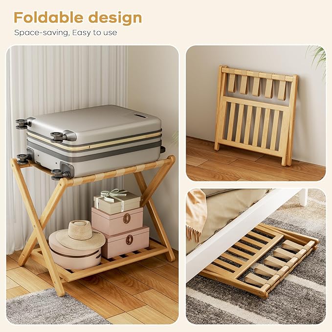 Full Assembled 26.77"L Luggage Rack for Guest Room, Set of 2 Foldable Suitcase Stand with 5 Nylon Straps, Luggage Holder with Shoe Shelf for Suitcases Hotel (Natural Wood Bamboo Luggage Stands)