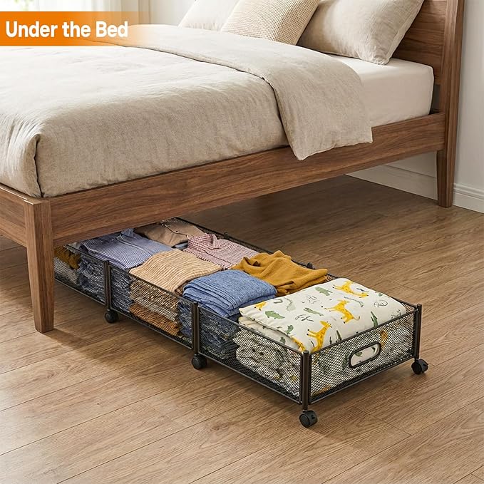 Under Bed Storage With Wheels, 47.2''/90lbs/57.6L, Metal Frame Under Bed Rolling Storage, Tool-Free Assembly Underbed Drawers, Underbed Organizer Containers for Shoes, Clothes and Toys (2 Pack)