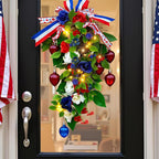 YULETIME 24" Pre-lit Decorative Teardrop Swag, Battery Operated Patriotic Theme Swag with Fairy Lights, Red, White & Blue Roses, Lilac Flowers, Green Leaves (Red White & Blue)