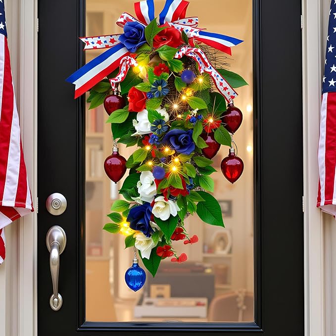 YULETIME 24" Pre-lit Decorative Teardrop Swag, Battery Operated Patriotic Theme Swag with Fairy Lights, Red, White & Blue Roses, Lilac Flowers, Green Leaves (Red White & Blue)