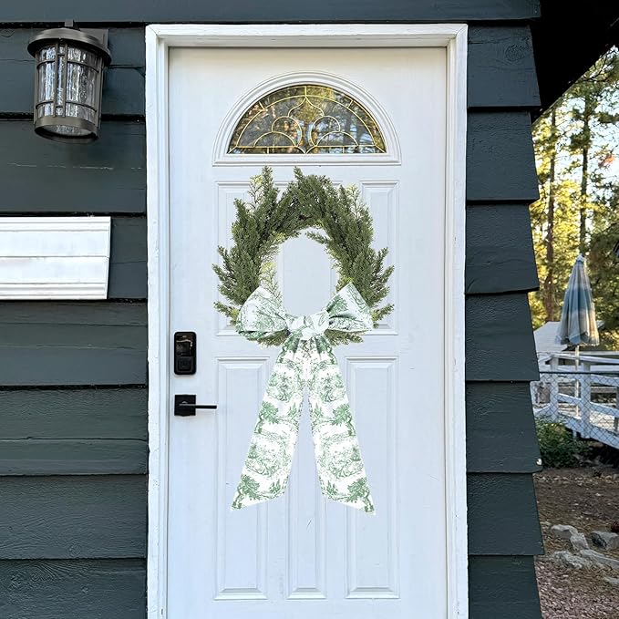 Green Wreath Sashes for Front Door - 2 Pcs Greenery French Toile Sash for Wreath Garland Indoor Outdoor, Rustic Wreaths Sash for Embroidery Monogram Farmhouse