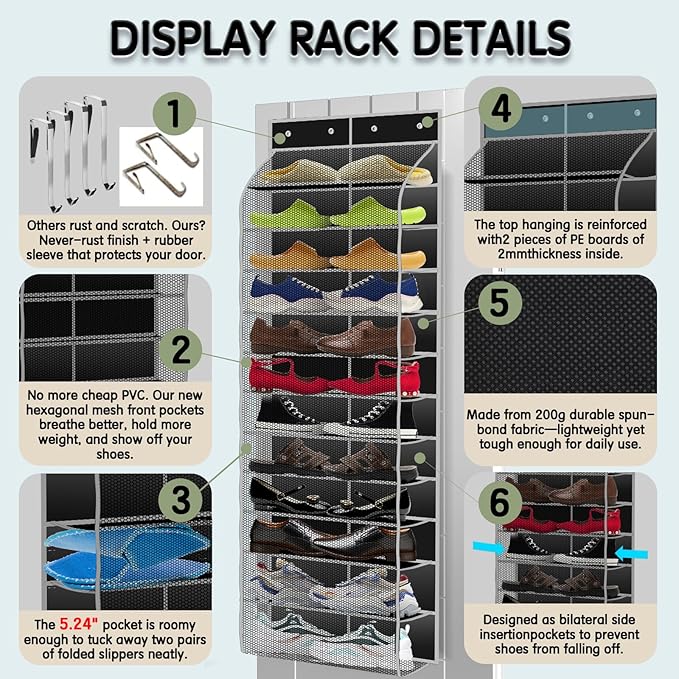 Over The Door Shoe Organizer with 12 Large Breathable Pockets - Durable Hanging Storage for the Entire Family's Shoes (Black)
