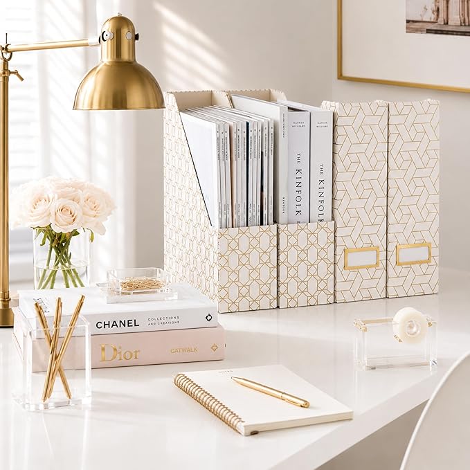 BLU MONACO | Cardboard Magazine File Holder Set of 4 | Vertical Magazine File Holder for Desk and Shelves | Cream Gold Foldable Magazine Holders with Label Slots