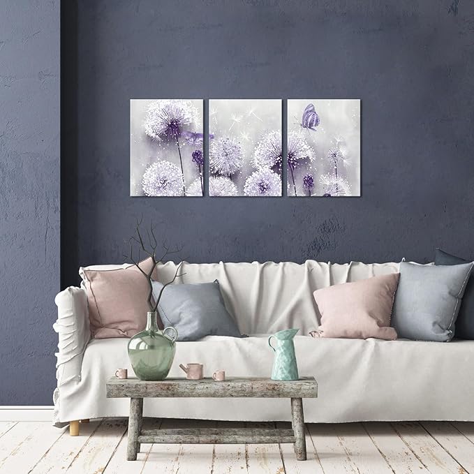 iHAPPYWALL 3 Pieces Lavender Dandelion Canvas Wall Art Abstract Wish Flower Butterfly Picture for Bathroom Bedroom Kitchen Wall Decor Ready to Hang 12x16inchx3pcs (Purple)