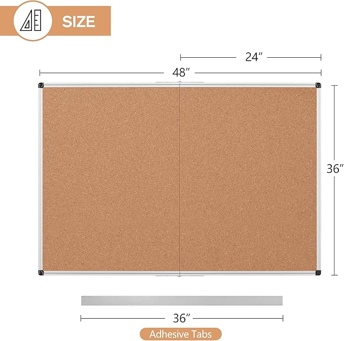 Cork Board Bulletin Board 36 x 48, Silver Aluminium Framed 4x3 Corkboard, Foldable Office Board for Wall, Large Wall Mounted Notice Pin Board with 36 Push Pins for School, Home & Office