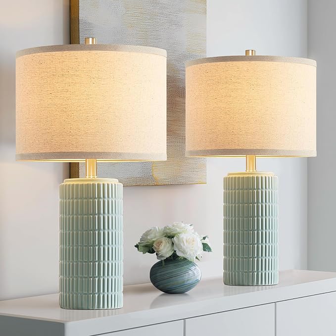 AIEAMPDO 23" Set of 2 Modern Ceramic Table Lamps for Living Room | Nightstand Lamps For Living Room Bedroom Entryway, Office And Study Room, 2 LED Bulbs Included