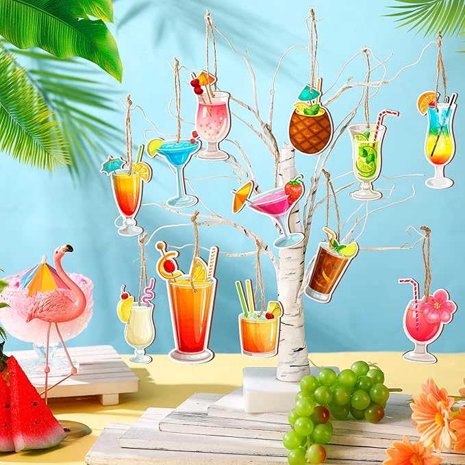 Geelin 36 Pcs Summer Wood Hanging Ornaments for Tree Mini Tree Decorations Hawaiian Beach Wooden Pendant Decorations with String for Luau Party Supplies(Cocktail)