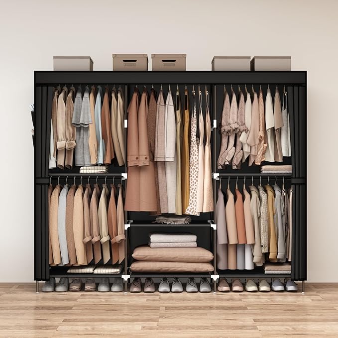 83" Closet Wardrobe, Portable Closet for Bedroom, Freestanding Clothes Rack with Non-Woven Fabric Cover, 5 Hanging Rods, 6 Storage Shelves, Clothes Storage Organizer, Black