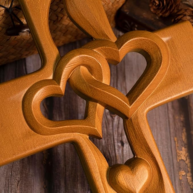 BGCOPPER Marriage Cross for Wall Love Wall Decor, Handmade Wooden Intertwined Heart Wall Cross for Wedding Valentine Christmas Gift (Wood, 14 Inch)