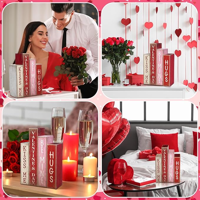 Lineshading 4 Pcs Valentines Day Decoration Wooden Book Valentine's Day Table Decoration Pink Red and White Valentines Tiered Tray Decor Wood Book Sign Farmhouse for Wedding Home Shelf Coffee Table