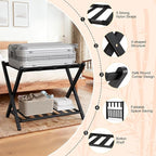 Black Luggage Racks Set of 2, Bamboo 26.77" Luggage Rack Stand for Guest Room, 5 Nylon Straps, Foldable Suitcase Stand with Storage Shelf for Bedroom Hotel, Holds up to 165 Lbs