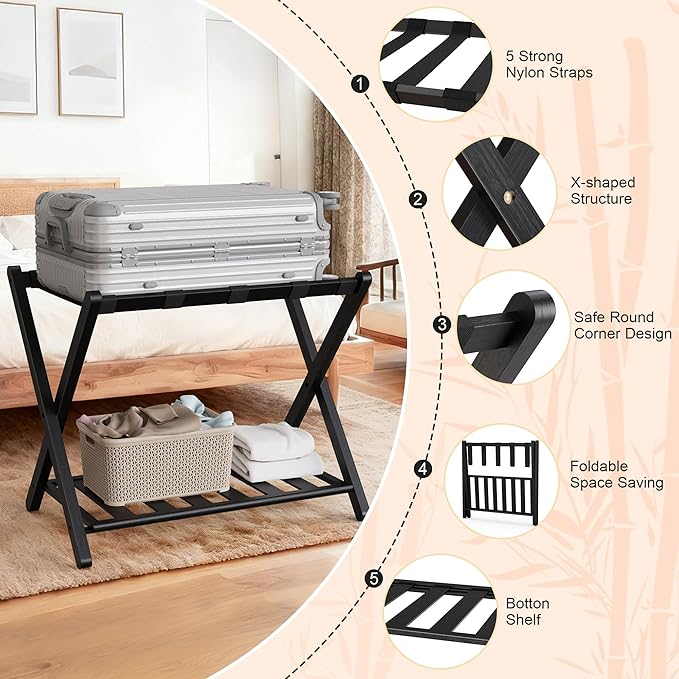 Black Luggage Racks Set of 2, Bamboo 26.77" Luggage Rack Stand for Guest Room, 5 Nylon Straps, Foldable Suitcase Stand with Storage Shelf for Bedroom Hotel, Holds up to 165 Lbs