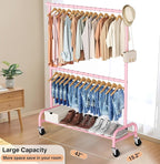 MISSLO Heavy Duty Clothing Racks for Hanging Clothes Rack Double Rod Garment Rack Rolling Closet Wardrobe Rack on Wheels, Metal, Adjustable (Pink)