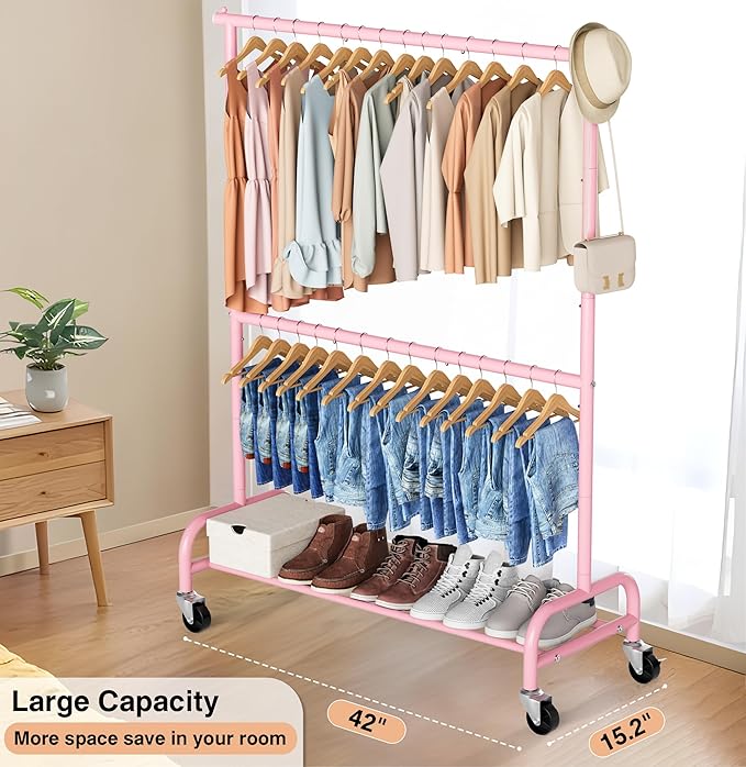MISSLO Heavy Duty Clothing Racks for Hanging Clothes Rack Double Rod Garment Rack Rolling Closet Wardrobe Rack on Wheels, Metal, Adjustable (Pink)