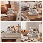 Moucuny 4 Pcs Christian Table Decor Rustic Wooden Block Sign Set with God Bless This Home & All Who Enter Farmhouse Stacked Decor with Beaded Garland Tassel Christian Home Decors for Office, Shelf