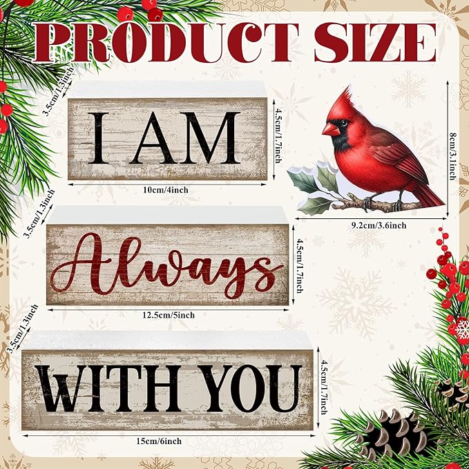 4 Pieces Cardinal Gift Decorations Wooden Red Cardinal Sign for Loss of Loved One Tiered Tray Decor I Am Always with You Sign Sympathy Remembrance Memorial Gifts for Home Kitchen Shelf Tabletop