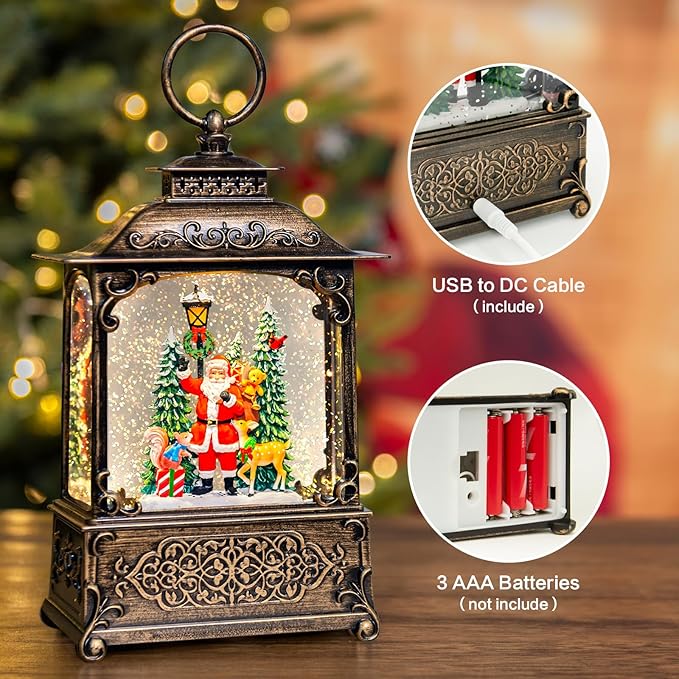 Christmas Snow Globes Lantern with Music, Santa Claus Scene Snow Globes with Water Swirling Glitter Effects, USB/Battery Powered with 6-Hour Timer, Christmas Decorations Gift