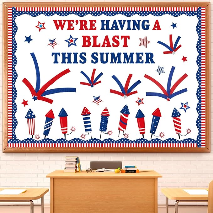 Epakh 4th of July Bulletin Board Decorations Set DIY Patriotic Fireworks Cutouts with Red Blue Crepe Paper Rolls, Independence Day Classroom Decor for Door Wall Summer School Home Supplies