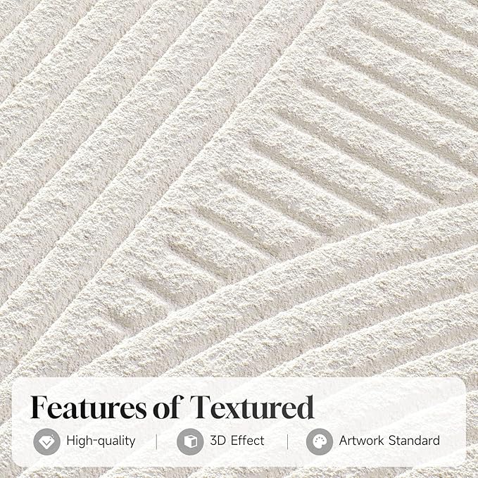 Large Framed 3D Textured Abstract Wall Art for Living Room, 3 Piece Modern White Geometric Pictures Wall Decor, Minimalist Line Paintings for Bedroom Dining Room Hallway Office 24x36 In