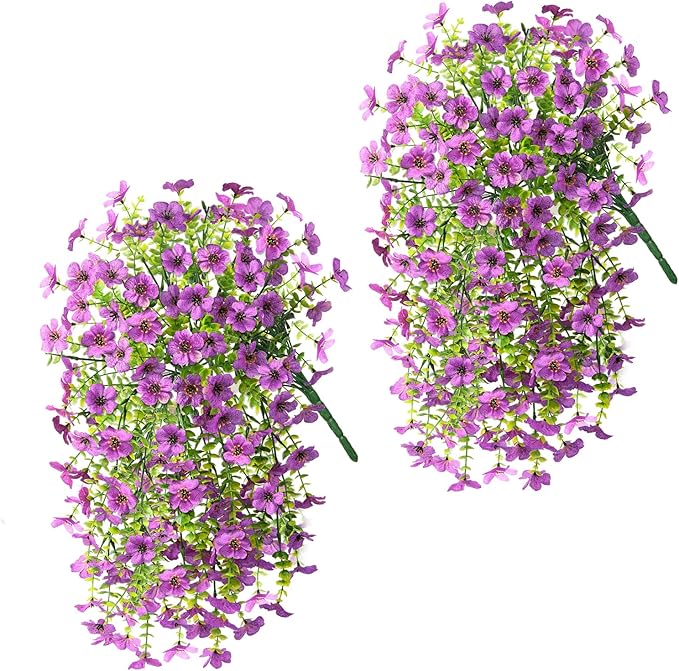 Artificial Hanging Flowers for Outdoors Spring Decoration, 2PCS Silk Fake Daisy Realistic Outdoor Flowers UV Resistant Porch Patio Window Yard Decor(Purple)